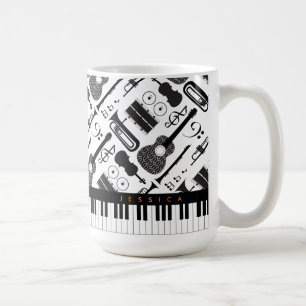 Caneca De Café Padrão moderno de instrumentos musicais em preto e