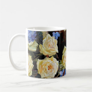 Caneca De Café Padrão moderno floral, rosas brancas, hydrangea az