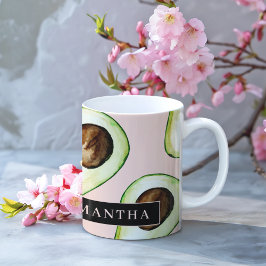 Caneca De Café Padrão Moderno Rosa E Verde Avocado Com Nome