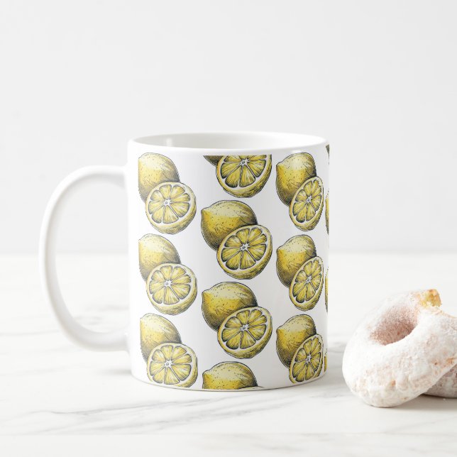 Caneca De Café Padrão Moderno Sem Costura Molho Amarelo-Limão-Ama (Com Donut)