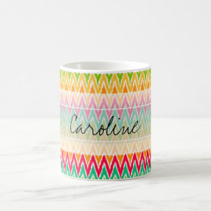 Caneca De Café Padrão Monograma Laranja Teal Ikat Chevron Zig Za