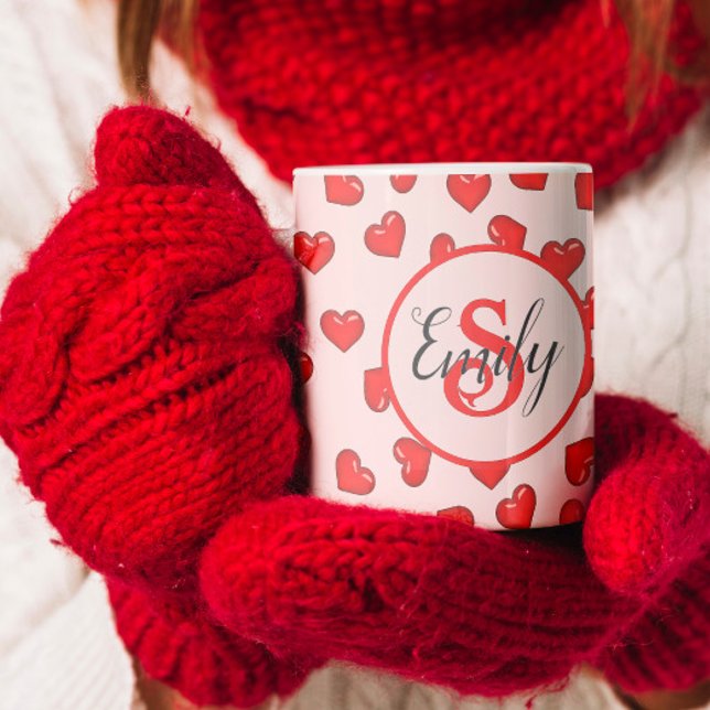 Caneca De Café padrão na moda vermelho monograma em cor rosa (Criador carregado)