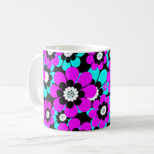Caneca De Café Padrão Neon Floral Flores Roxas e Turquesa