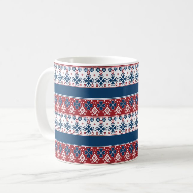 Caneca De Café Padrão Norueguês Striped Azul Vermelho (Frente Esquerda)