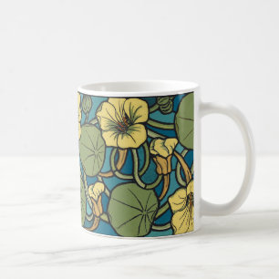Caneca De Café Padrão Nouveau da Flor Nasturtium Amarelo Azul