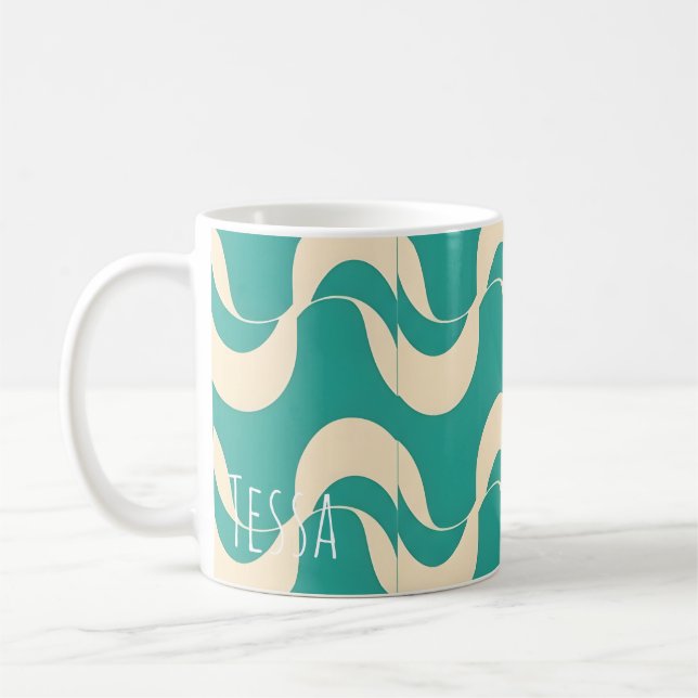 Caneca De Café Padrão Ondulado Retro em Azul Turquesa e Creme (Esquerda)