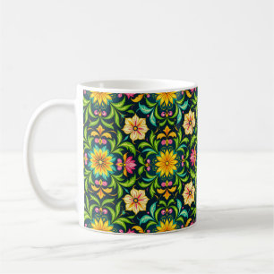 Caneca De Café Padrão Ornamental Floral em Cores Vibrantes