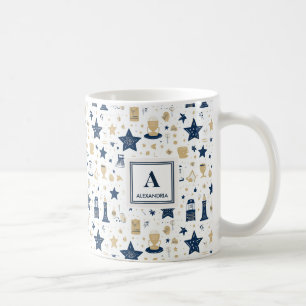 Caneca De Café Padrão Personalizado de Estrelas Azuis e Douradas