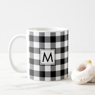 Caneca De Café Padrão Preto de Xadrez Gingham Branco com Monogram