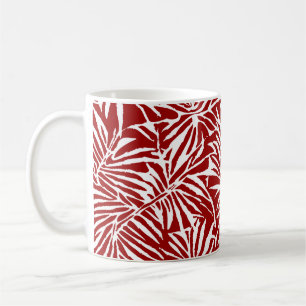 Caneca De Café Padrão Repetitivo De Folha Tropical Branca E Verme