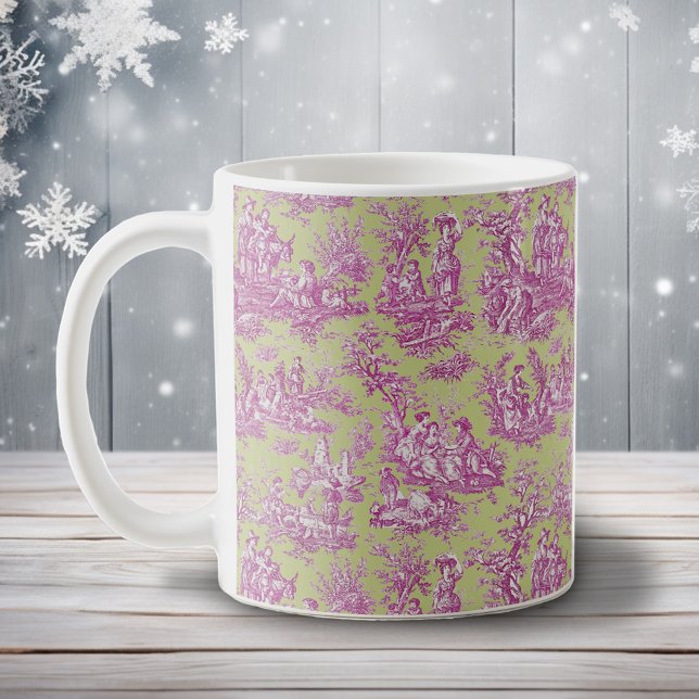 Caneca De Café Padrão Romântico Vintage Verde Rosa Toile de Jouy (Criador carregado)