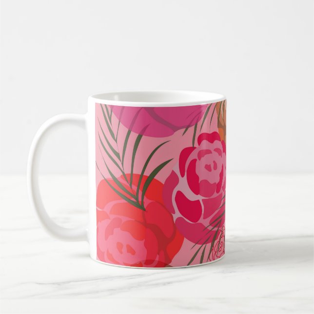 Caneca De Café Padrão rosa com flores e plantas (Esquerda)