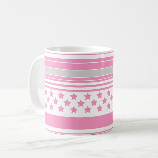 Caneca De Café Padrão rosa listrado com estrelas (Frente Esquerda)