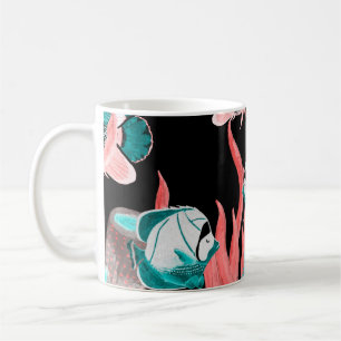 Caneca De Café Padrão sem costura aquarelas com peixe exótico em