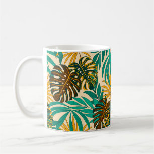 Caneca De Café Padrão sem costura colorida com plantas tropicais
