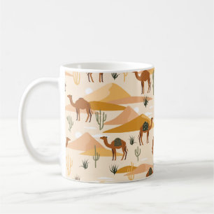 Caneca De Café Padrão sem costura com camelos, dunas e cactos. C