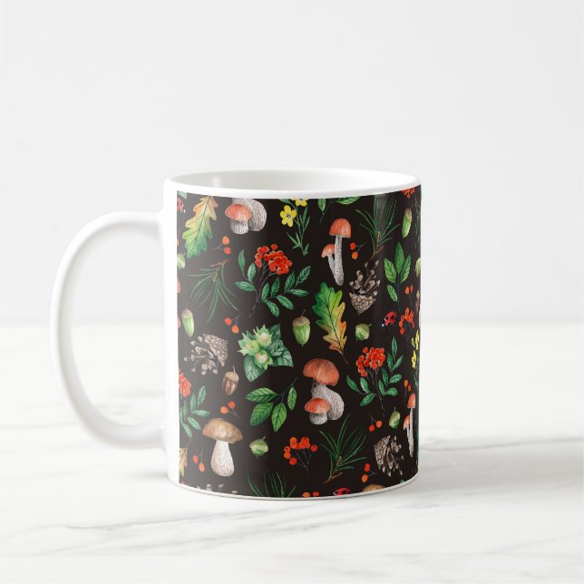 Caneca De Café Padrão sem costura com cogumelos,loucos,folhas,bol (Esquerda)