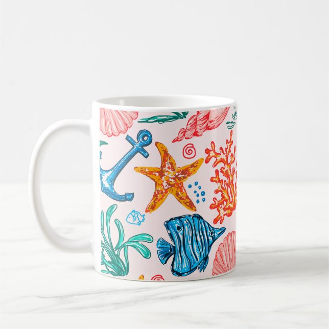 Caneca De Café Padrão sem costura com criaturas marinhas (Esquerda)