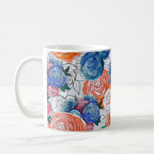 Caneca De Café Padrão sem costura com flores coloridas