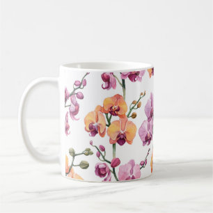 Caneca De Café Padrão sem costura com flores de orquídea aquare