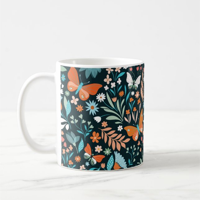 Caneca De Café Padrão sem costura com flores e borboletas (Esquerda)
