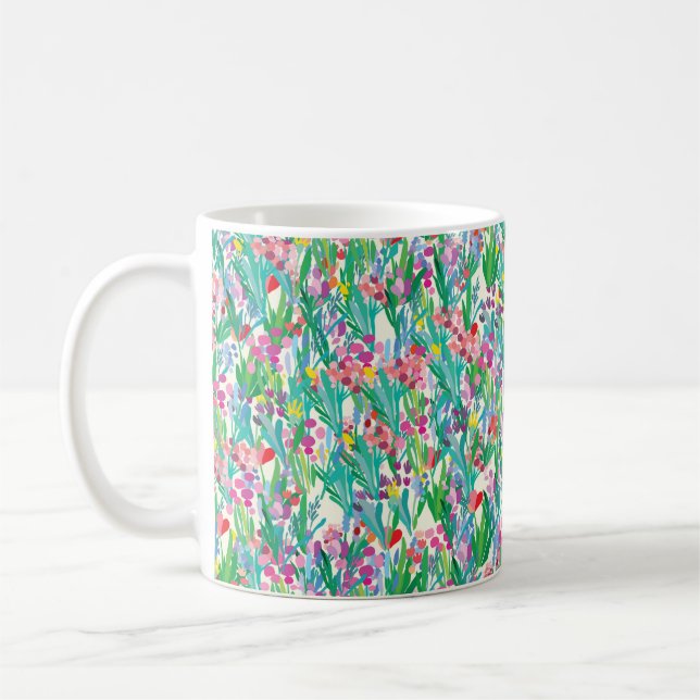 Caneca De Café Padrão sem costura com flores, fundo vegetal. A (Esquerda)