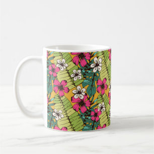 Caneca De Café Padrão sem costura com flores tropicais, palma