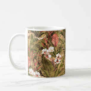 Caneca De Café Padrão sem costura com folhas e flores tropicais.