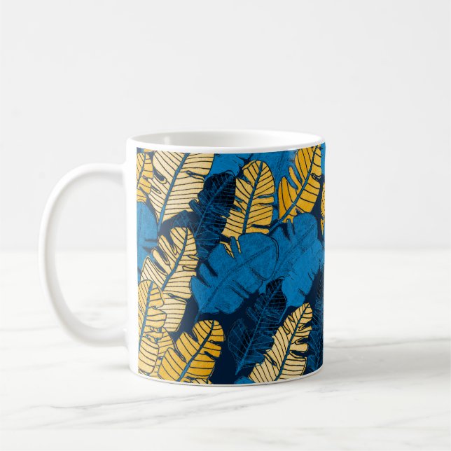 Caneca De Café Padrão sem costura com folhas tropicais desenhadas (Esquerda)