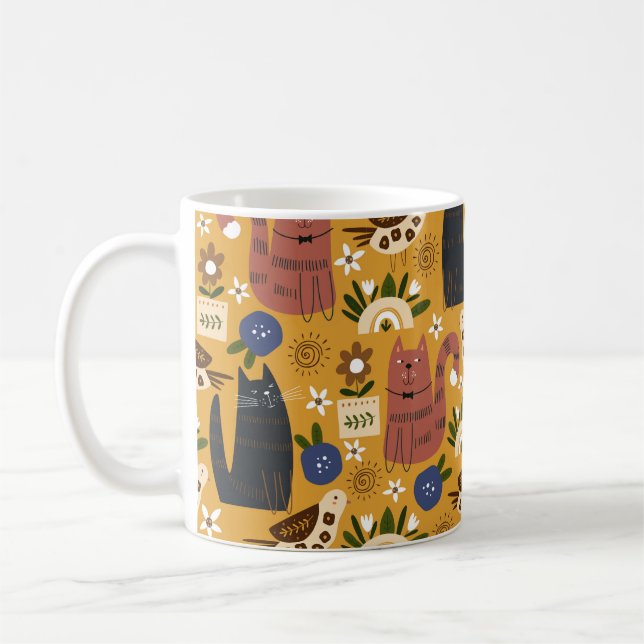 Caneca De Café Padrão sem costura com gatos e pássaros bonitos. d (Esquerda)