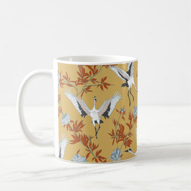 Caneca De Café Padrão sem costura com gruas brancas japonesas e p (Esquerda)