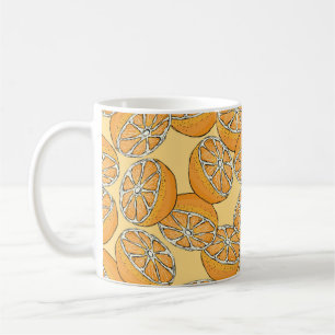 Caneca De Café Padrão sem costura com laranjas fatiadas. Vintage