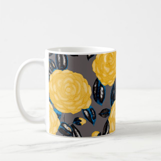 Caneca De Café Padrão sem costura de aquarelas com flores de camé (Esquerda)