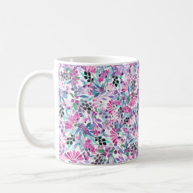 Caneca De Café Padrão sem costura de flores e bagas roxas,blu (Esquerda)