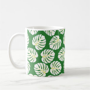 Caneca De Café Padrão sem costura de folhas de monstera branca e