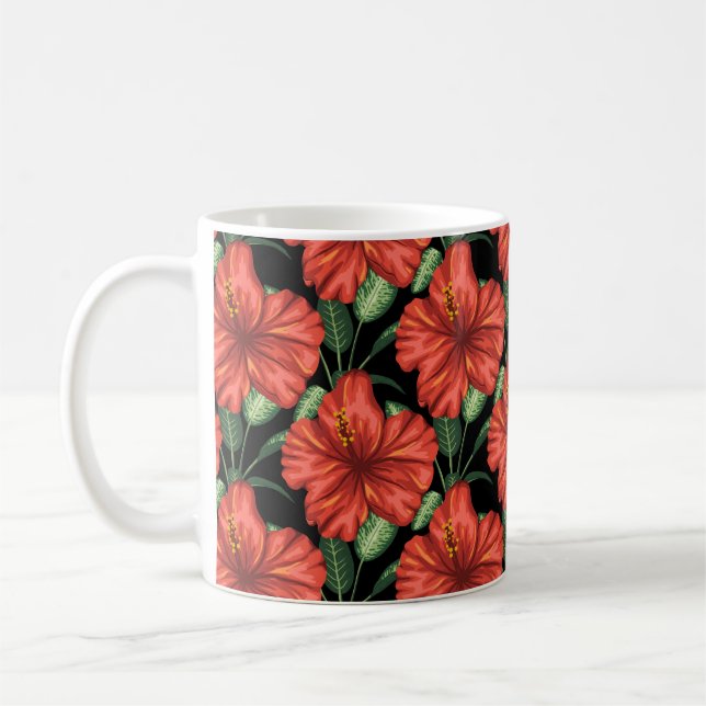 Caneca De Café Padrão sem costura Flores vermelhas tropicais Folh (Esquerda)