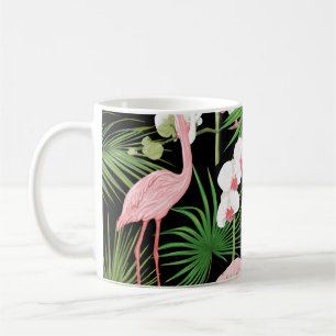 Caneca De Café Padrão sem costura, fundo com plantas tropicais,
