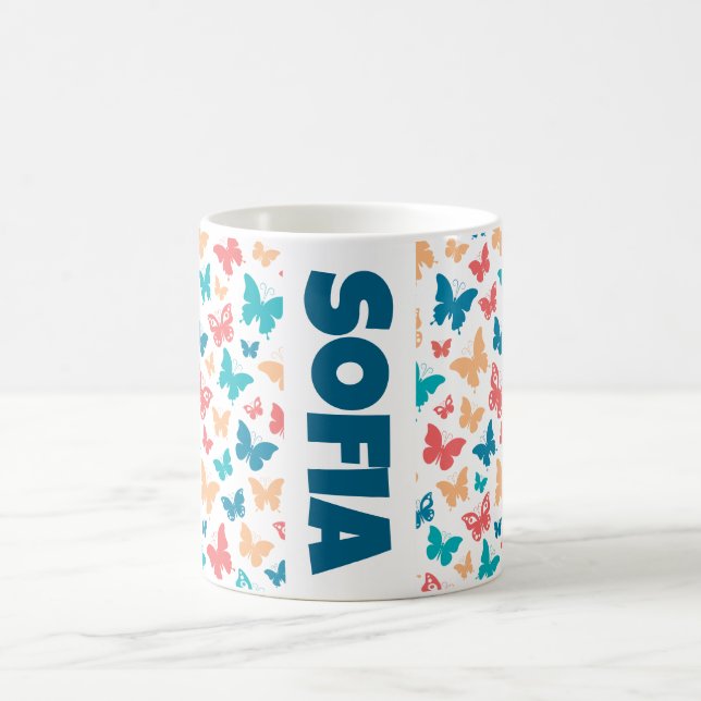 Caneca De Café Padrão simples de borboleta rosa-turquesa branco n (Centro)