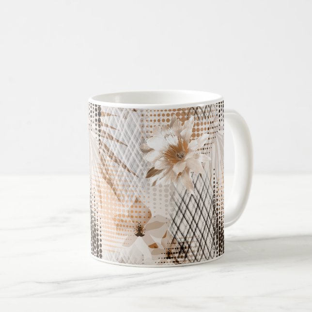 Caneca De Café Padrão tropical cinza e bege. (Frente Esquerda)