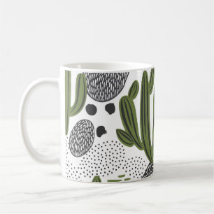 Caneca De Café padrão uniforme com cacto em fundo branco.