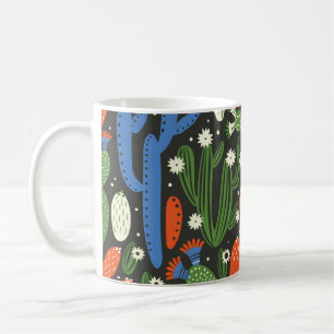 Caneca De Café padrão uniforme com cacto em fundo preto. 