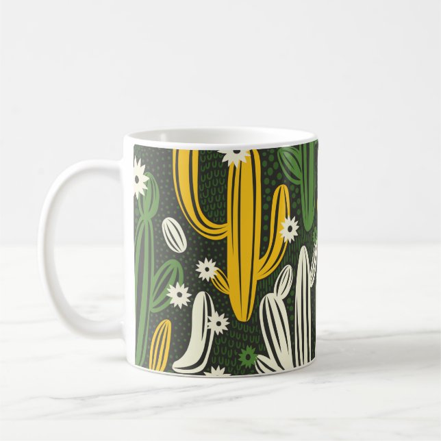 Caneca De Café padrão uniforme com cacto em fundo preto.  (Esquerda)