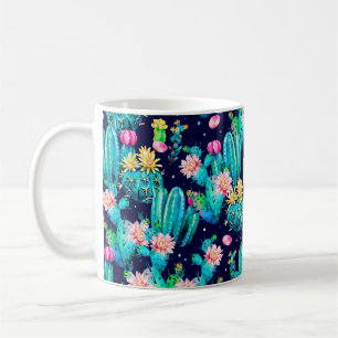 Caneca De Café Padrão uniforme de aquarela. Cactos de flores em
