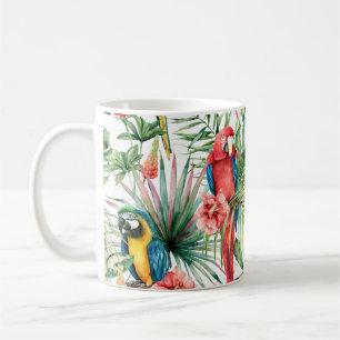 Caneca De Café Padrão uniforme tropical aquoso com papagaios