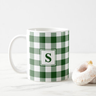 Caneca De Café Padrão Verde de Xadrez Búfalo Branco com Monogra