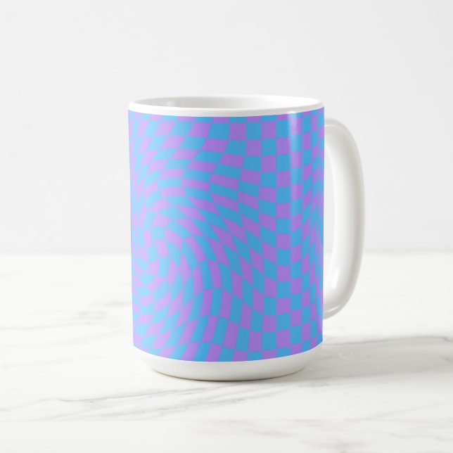 Caneca De Café Padrão Verificado com Onda Azul Pálido e Lavanda (Frente Esquerda)