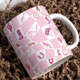 Caneca De Café Padrão Verificado da Cowgirl Rosa Personalizada