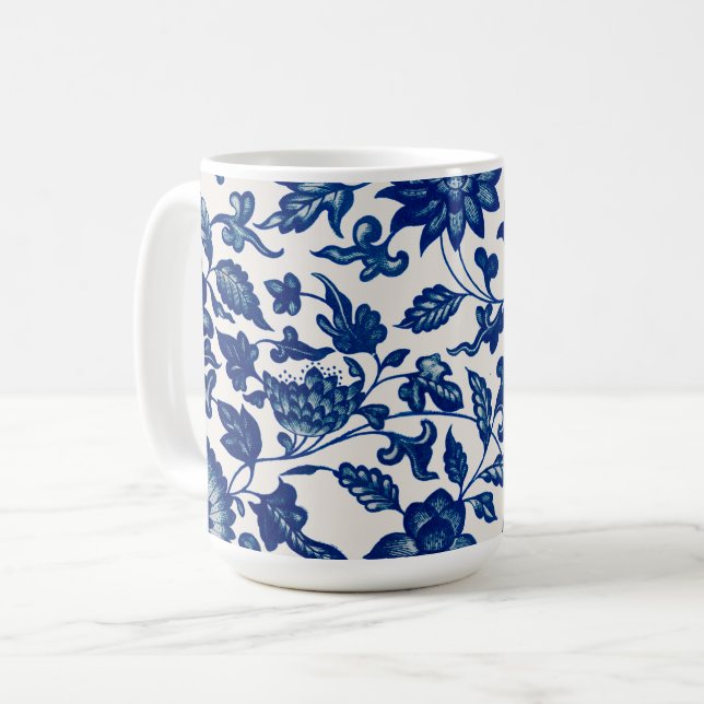 Caneca De Café Padrão Vintage Flor Azul (Frente Esquerda)