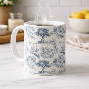 Caneca De Café Padrão Vintage Francês Country "Toile de Jouy Azul