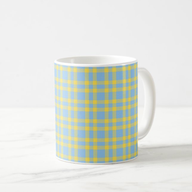 Caneca De Café Padrão Xadrez Azul Amarelo (Frente Esquerda)